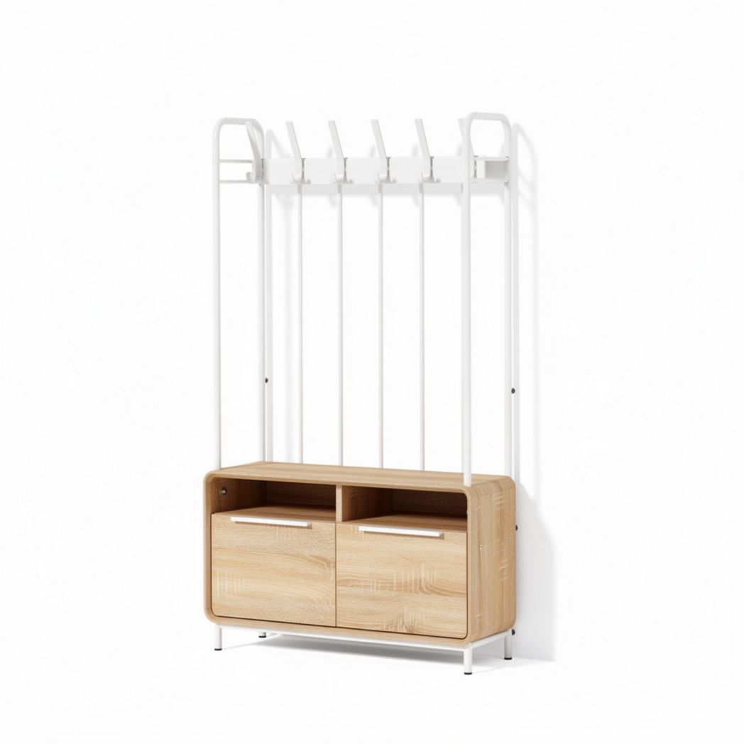 Meuble de rangement en bois clair avec porte-hooks et tiroirs 120 x 40 x 200 cm