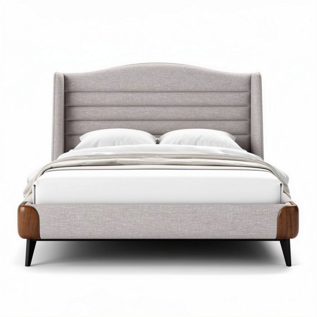 Lit en tissu beige avec tête de lit rembourrée en bois 200 x 160 x 120cm