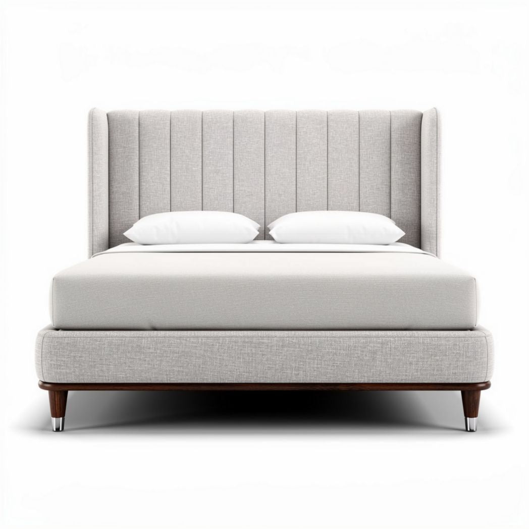 Lit en tissu beige avec tête de lit haute 210 x 160 x 100cm pour chambre à coucher