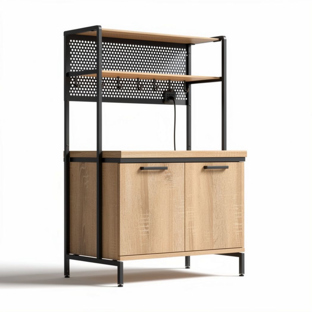 Meuble de rangement en bois de chêne avec étagères en métal noir 120 x 40 x 180cm