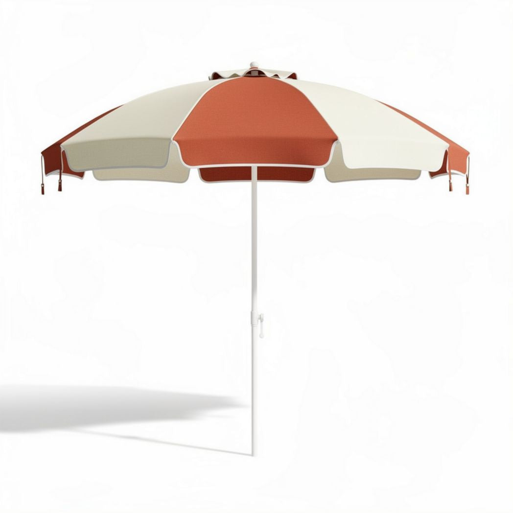 Parasol déporté en polyester avec_structure blanche et rayures rouges et crème
