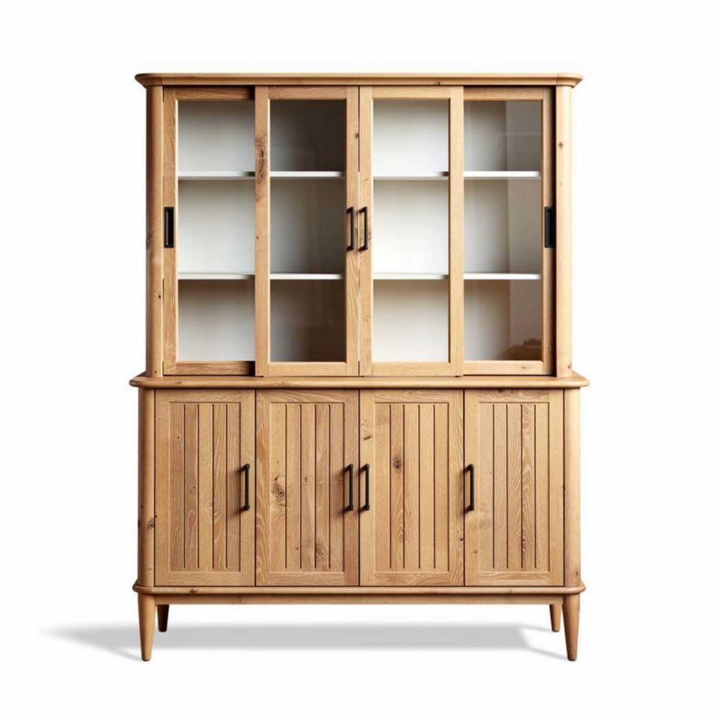 Buffet en bois naturel de style scandinave avec portes vitrées et dimensions 150 x 45 x 180cm