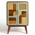 Bureau de rangement en bois avec portes en rotin et finition verte 80 x 40 x 100cm